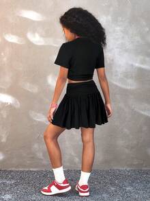 Coolane Kids 女童夏季可爱休闲灰色裙子套装：短袖短款上衣和褶皱迷你裙，夏季 - 黑色 - 查看 2