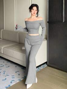 DAZY Set casual da donna a 2 pezzi, maglione a spalle scoperte e pantaloni, in colore unito, autunnale - Grigio - Visualizzare 4