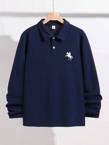 SHEIN 青少年男孩长袖 Polo 衫，海军蓝，撞色字母印花，休闲，舒适，百搭，面料柔软，适合日常穿着、上学、郊游、户外活动、正式场合、派对、秋冬、返校 - 藍色 - 查看 5