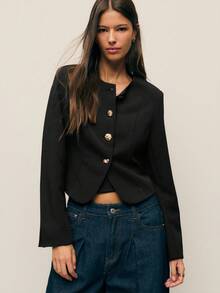 Nöista Women's Cropped Blazer,Black And Gold Elegant Round Neckline Office Summer Jacket With Gold-Embossed Textured Buttons For Professional Look - Black - View 5