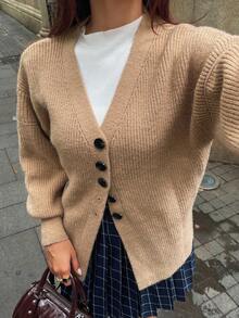 DAZY Cardigan Sweater Wanita Kasual Warna Polos Leher V, Musim Gugur untuk Sekolah - Khaki - View 6