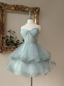 Lovelzi 优雅、浪漫、奢华的绿色串珠刺绣网眼拼布束腰喇叭形长裙，适合生日派对、约会、婚礼、晚会、庆典 - 綠色 - 查看 4