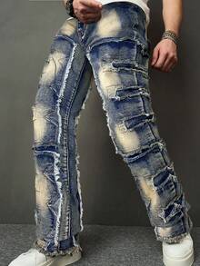 SHEIN Bolty Tween 男童时尚休闲设计感粗犷的方形三角剪裁黑色牛仔裤，弹性面料，适合日常穿着和秋季穿着，童装街头风牛仔裤，男童牛仔裤 - 深色水洗藍 - 查看 5