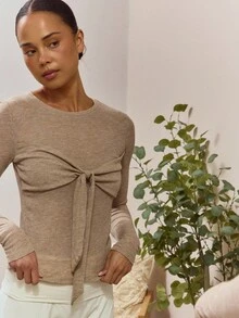 Musera Sport 运动针织多层系带长袖上衣家居服优雅休闲运动健身健身房返校普拉提 - 卡其色 - 查看 2