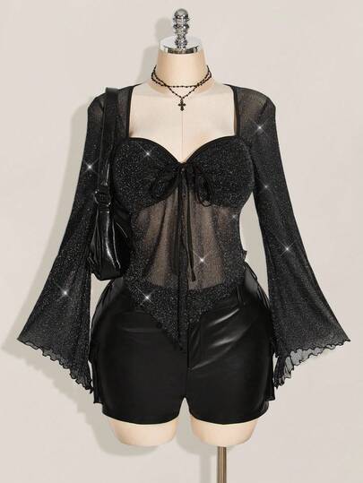 SHEIN ICON Plus Size Shiny Flare Sleeve Front Tie Sexy Square Neck Blouse Black See Through Top Glitter Top,Fall Clothes For Women