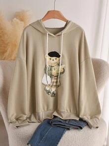 CosyJoli Plus Size Women's Khaki Cute Hooded Long Sleeve Sweatshirt,Fashion Bear Embroidery Graphic Design,Casual Back-To-School Graduation Fall/Winter - Apricot - View 1