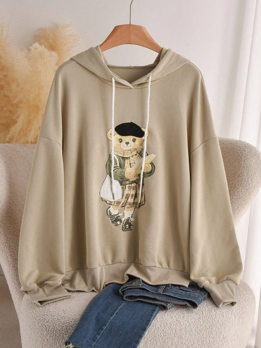CosyJoli Plus Size Women's Khaki Cute Hooded Long Sleeve Sweatshirt,Fashion Bear Embroidery Graphic Design,Casual Back-To-School Graduation Fall/Winter - Apricot - View 1