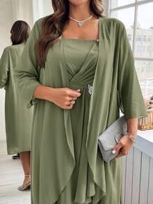 Ellevyn Plus Size Women's Solid Color 3/4 Sleeve Open Front Jacket And Rhinestone Decor Pleated Thick Strap Dress Elegant Set - Olive Green - View 4