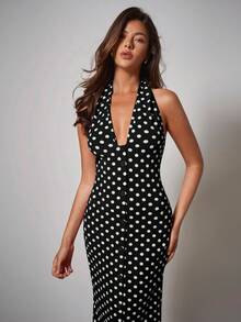 COSMINA Women's Elegant V-Neck Polka Dot Belted Dress, Early Autumn,Date Night Outfits Women,Going Out Outfits,Birthday Dresses For Women,Dress For Wedding Guest,Party Dresses For Women - Black - View 7