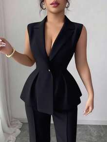 Elenzga Bộ vest nữ thanh lịch lãng mạn cổ bẻ không tay cỡ lớn - màu đen - Xem 7