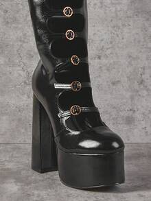 SHUZIA 女式朋克风格厚底粗跟及膝圆头多扣带舒适秋冬度假鞋 - 黑色 - 查看 4