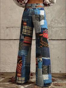 EMERY ROSE Women's Patchwork Print Loose High Waist Wide Leg Jeans - Multicolor - View 2