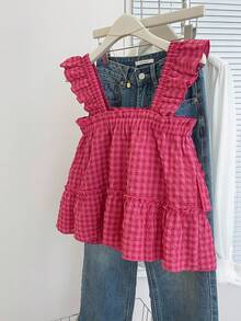 INAWLY 大码女式休闲无袖荷叶边下摆衬衫，夏季 - 玫紅色 - 查看 2