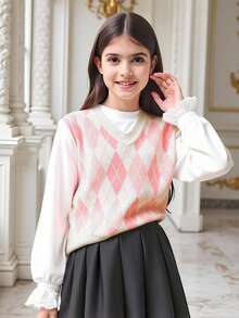 SHEIN Tween Girl Argyle Pattern Sweater Vest Young Girls' Casual Cute Colorful Drop Shoulder Bowknot Decor Round Neck Knitted Sweater, Soft And Comfortable, Suitable For Daily Wear, Outdoor, Travel, Vacation, Home, Nursery, Playtime, School - Multicolor - View 2