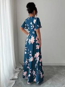 Selianne 荷叶边袖圆领束腰数码印花优雅浪漫女式连衣裙 - 彩色 - 查看 2