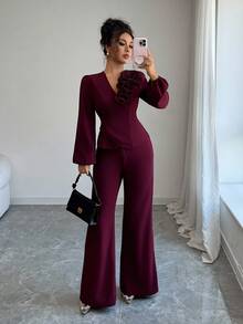 Elenzga Women's Elegant Burgundy Crossover Tie-Waist Floral Patchwork French Chic A-Line Long Sleeve Blouse And Flared Pants 2 Pieces Set, Spring/Autumn - Burgundy - View 7