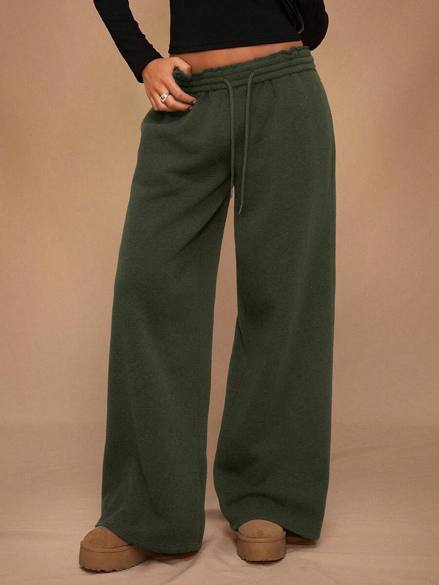 SHEIN Forever 21 Autumn/Winter New Casual Thermal Lined Loose Elastic Waist Wide Leg Sweatpants - Army Green - View 1