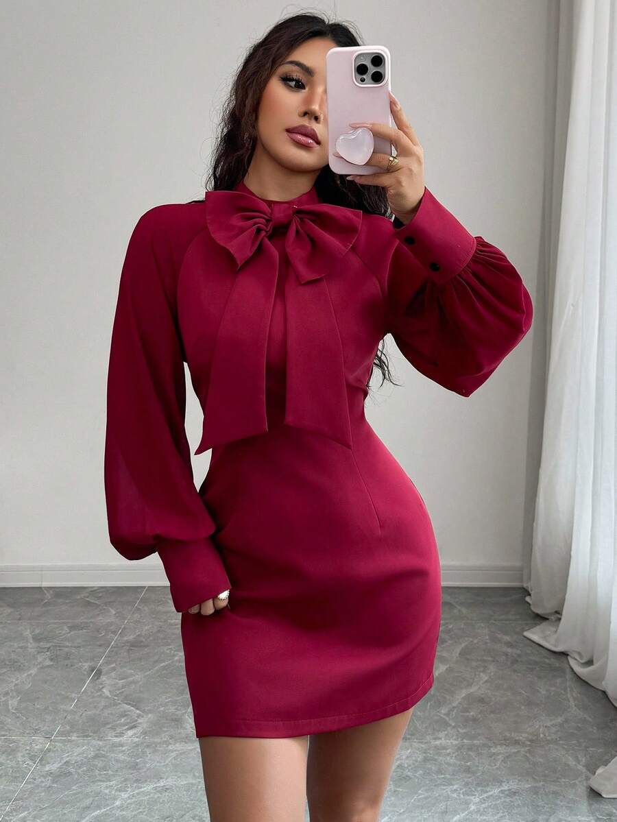 Rafferiza New Bowknot Collar Lantern Sleeve Fitted Mini Skirt, Christmas - Burgundy - View 1
