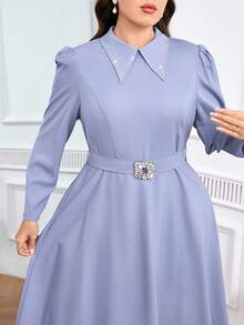 Modelyn Plus Size Women's Rhinestone Embellished Puff Sleeve Pointed Collar Elegant Dress - Blue - View 3