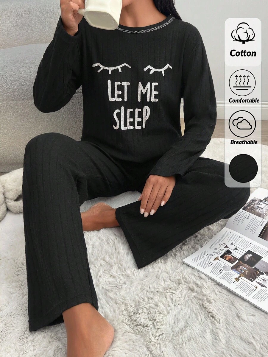 Completo pigiama da donna 2 pezzi, morbido e caldo, in maglia a costine, con dettaglio ricamato "Lasciami dormire", per il comfort della casa