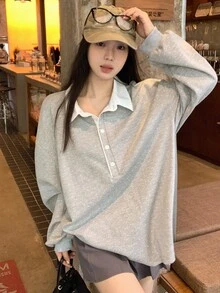 DAZY 女式二合一韩版波点印花长袖上衣，秋冬 - 灰色 - 查看 3