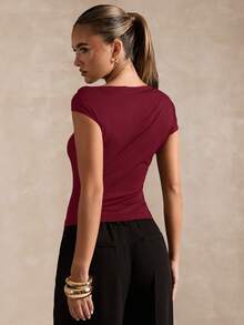 SHEIN BAE Women's Fashionable Elegant Solid Color Oblique Shoulder Short T-Shirt,Red Top