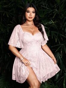 Flirla 大码花卉纹理短袖优雅连衣裙 - 粉色 - 查看 1