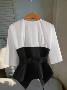 Modelyn 女式二合一 3/4 袖打结腰优雅衬衫 - 黑色 - 查看 2