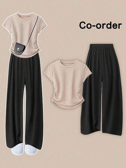 Flirla Plusstorlek Enfärgad Rund Hals Asymmetrisk Plisserad Kortärmad T-shirt Och Vida Byxor 2 Delat Set, Avslappnad Mångsidig Lös Passform Semester Vardagskläder, Sommar