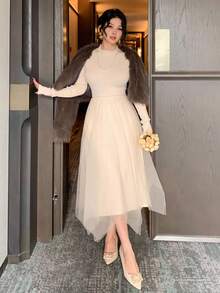 DAZY Váy len dệt kim lưới chắp vá thanh lịch dành cho nữ, mùa thu - Màu be - Xem 5