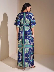 JIAN LASALA All-Over Print Blue Batwing Sleeves Boho Kaftan Maxi Dress Women Casual Vacation Wear Blue Maxi Dress Caftan Dress Print Maxi Dress Women Print Dress Motif Dress Print Dresses For Women Blue Maxi Dress Women Evening Dress Wedding Guest Luxury Stylish Clothing Collection - Multicolor - View 2