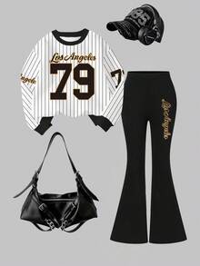 Bộ áo nỉ cổ tròn in chữ Collegiate 79 và quần ống loe thường ngày cho bé gái trở lại trường, trang phục đa năng cho mùa thu/đông - Nhiều màu - Xem 4