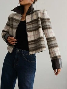 Modelyn Áo khoác giả da kẻ caro phối màu dành cho nữ, thích hợp cho các buổi đi chơi và hẹn hò vào mùa thu. - Nhiều màu - Xem 6