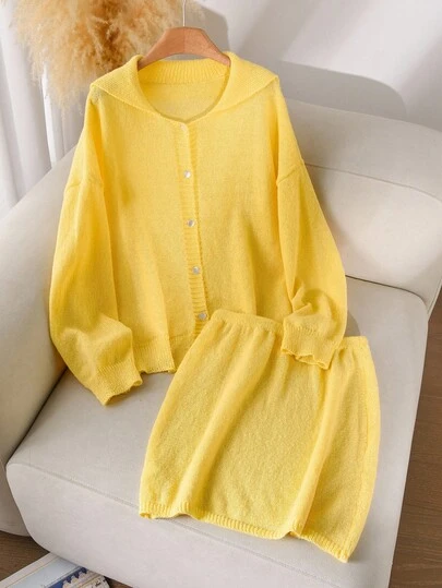 CosyJoli Plus Size Women Yellow Casual Dolman Cardigan & Skirt Set Yellow Two Pieces Set Women Two Pieces Outfits Yellow Sets For Women Yellow Knit Set Yellow Sweater Set Autumn Winter Clothes For Women