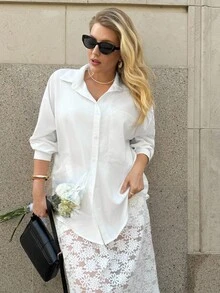 Auralis Conjunto de 2 piezas de blusa de unicolor y falda de encaje para talla grande, casual y de uso diario - Blanco - Ver 5