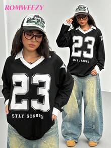 青少年女孩休闲宽松V领数码印花卫衣