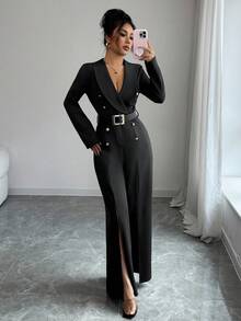 Elenzga Women's Fashionable Elegant Shawl Neck Double-Breasted Jumpsuit