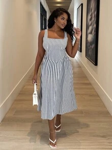 Alexandranx Women Striped Print Square Neck Sleeveless Mid-Calf Summer Dress - Navy Blue - View 1