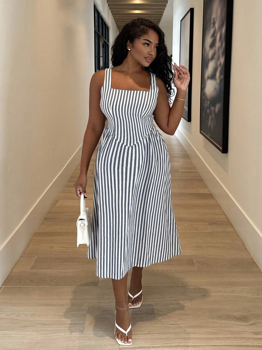 Alexandranx Women Striped Print Square Neck Sleeveless Mid-Calf Summer Dress - Navy Blue - View 1