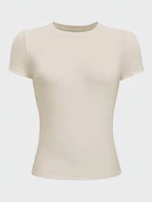 Jouncy 女士休闲百搭杏色修身圆领短袖T恤 - 杏色 - 查看 3