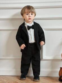 Souflis Souflis 2 pièces Costume rétro français pour bébé garçon Automne/Hiver 2025 Nouvelle veste texturée noire avec nœud papillon, Top à manches longues et pantalon noir. Tenue élégante pour anniversaire, fête, occasions formelles en automne