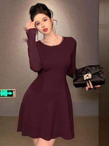 DAZY Women's Solid Color Round Neck Raglan Sleeve Fashionable Fitted Ruffle Hem Knit Sweater Dress Prom Dress - Red Violet - View 3