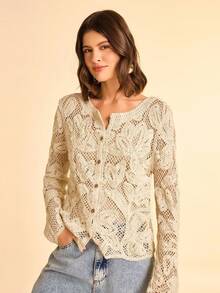 CAJUNI 女式杏色花卉针织开衫，配棕色椰子纽扣，长喇叭袖半透明毛衣 - 杏色 - 查看 3