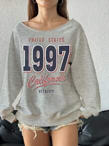 SHEIN EZwear 复古学院风 1997 数字和复古英文字母印花大码露肩宽松休闲长袖女式运动衫 - 淺灰色 - 查看 3