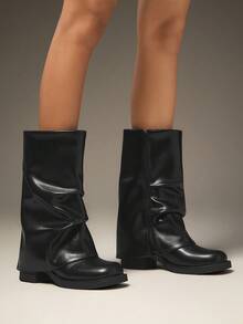 SHUZIA 女式时尚舒适可折叠中筒休闲靴 - 黑色 - 查看 2