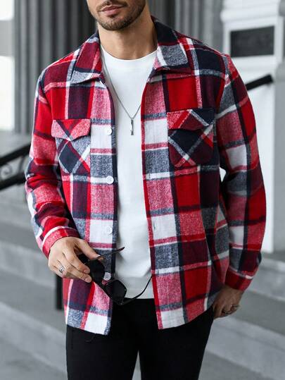Manfinity CasualCool Oversized Men's Long Sleeve Woolen Overcoat, Red White Black Plaid Pattern, Casual Daily Style, High Tolerance, Front Button Design, Two Chest Pockets, Popular On , Suitable For Young Casual Sports, Daily Commute, Back To School, Vacation, Great Gift For Boyfriend Or Husband, Couple Matching , Christmas, Fall/Winter