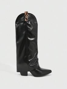 CUCCOO SZL Women's Shark Boots, New Slouchy Mid-Calf Boots, Wedge Heel, Loose Wrinkled Shaft, Fashionable Tall Boots - Black - View 2