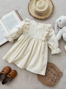 Blossori Baby Girls' French Elegant Ruffle Trim Embroidered Round Neck Long Sleeve Dress - Apricot - View 2