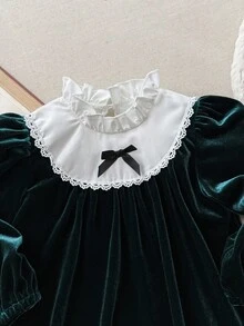 Blossori 女宝宝法式优雅荷叶边领拼色长袖天鹅绒连衣裙 - 彩色 - 查看 5