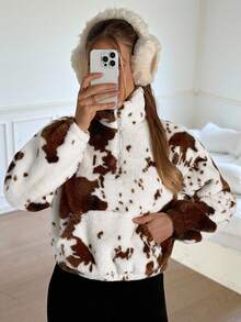 CovetEZ Women's Clothing Autumn And Winter Casual Coffee Brown Cow Print Fashion Home Stand Collar Zipper Polo Pocket Patch Pocket Long Sleeve Sweatshirt, Fall - Brown - View 3